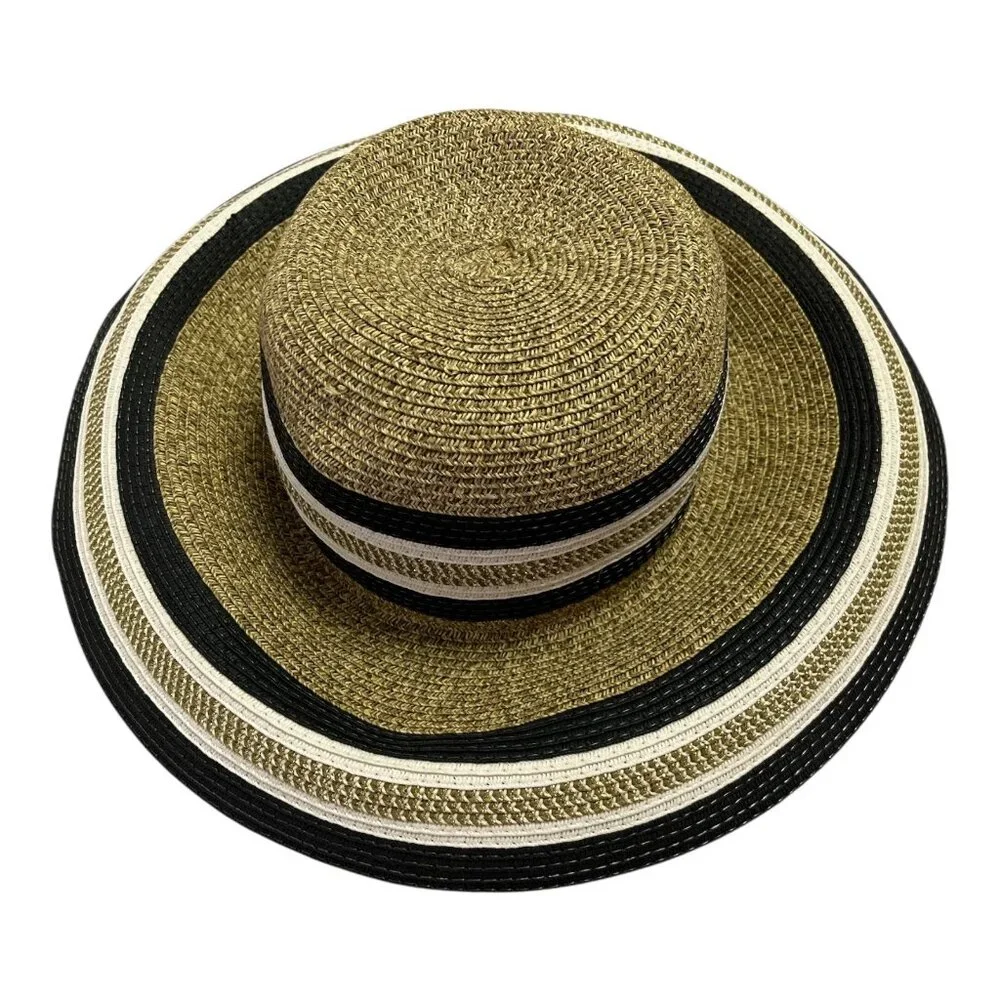 Women’s Gold Metallic Wide Brim Straw Sun Hat - Black/White